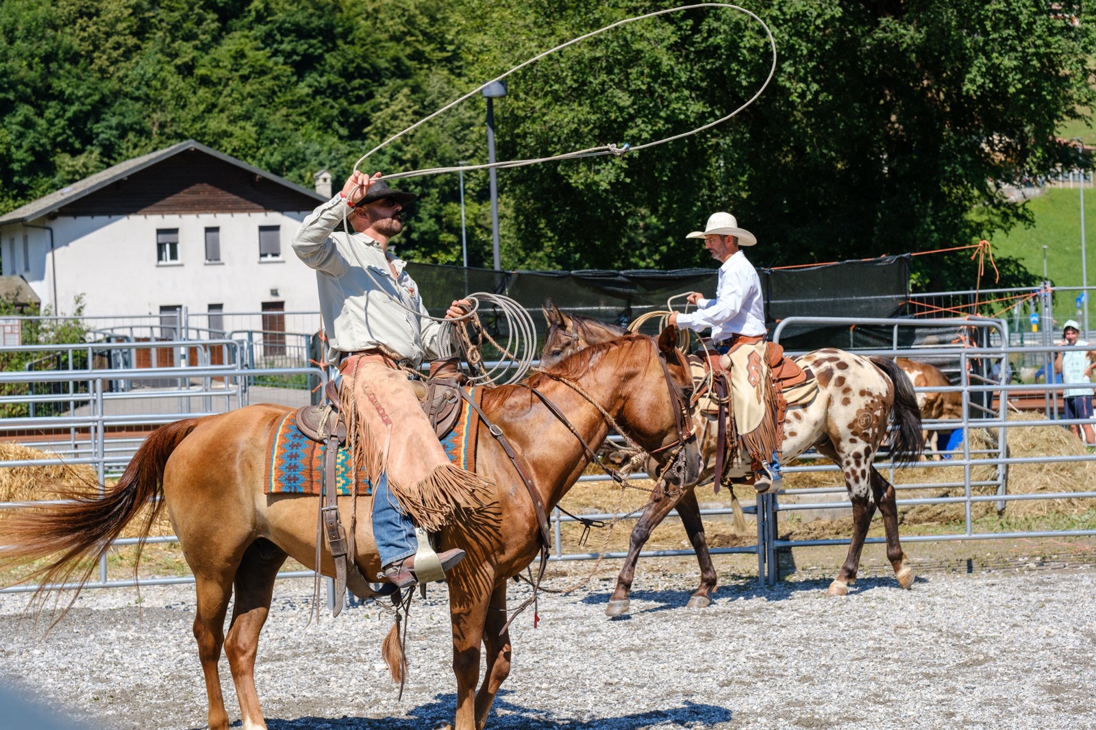 Un cavaliere fa roteare il lazo in sella, un secondo cavaliere dietro di lui nel recinto