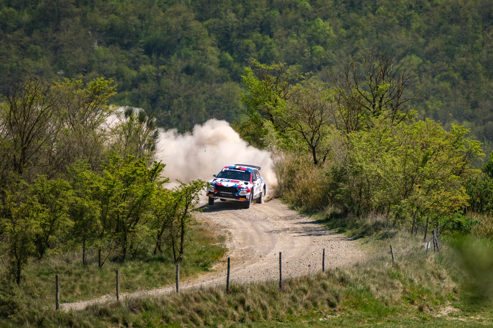 Una piccola auto da rally nel paesaggio, seguita da una nuvola di polvere